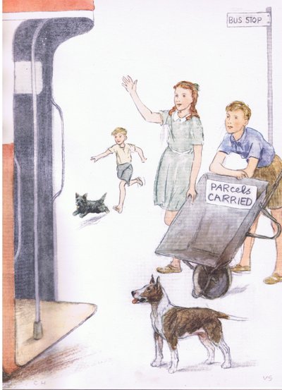 Quando o autocarro chegou, David estava de pé com o carrinho de mão inclinado, como mostrava o aviso, da Pets Limited publicada pela Collins de George Vernon Stokes