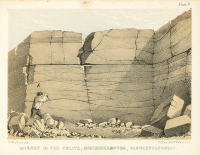 Pedreira em Oolite, Minchinhampton, Gloucestershire (gravura a cores) de George Victor Du Noyer