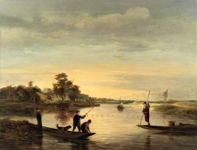 Uma vista sobre os riachos com homens a pescar em barcos de George Vincent