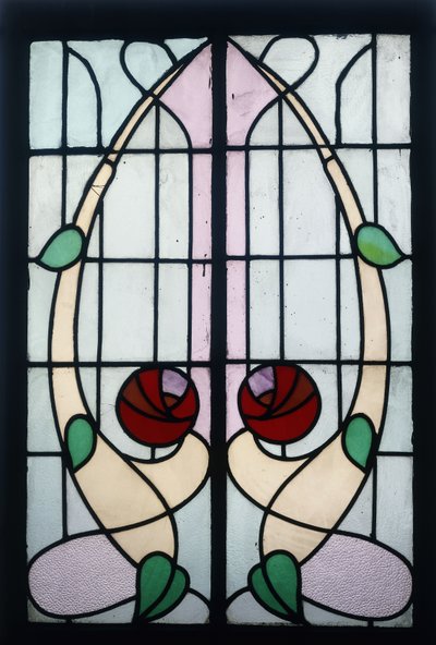 Um painel de vitral representando rosas estilizadas (vitral com chumbo, moldura de madeira) de George Walton