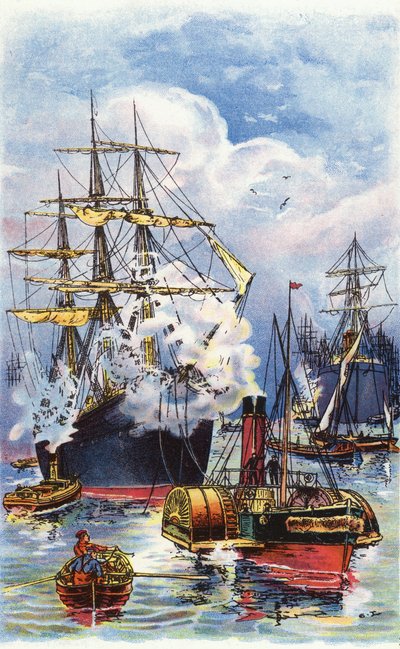 Um Merchantman a ser rebocado pelo rio Tamisa (cor litho) de George Washington Lambert