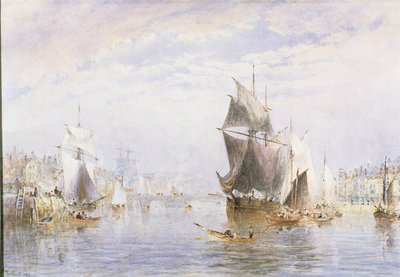 Pequena embarcação no rio em Whitby por Whitby Bridge, 1877 (wc e riscar) de George Weatherill
