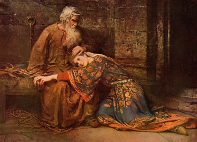 Shakespeare: Cordelia confortando Rei Lear na Prisão, Rei Lear, Ato V, Cena 3 (lito colorido) de George William (after) Joy