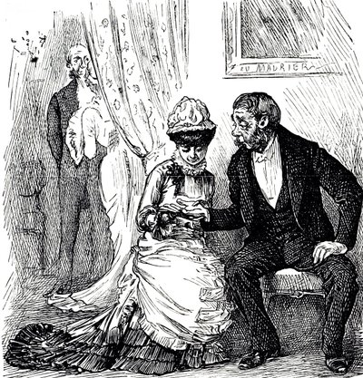 Um desenho animado comentando sobre a popularidade da quiromancia entre os ricos. Ilustrado George du Maurier (1834-1896), caricaturista e autor franco-britânico. de George du Maurier