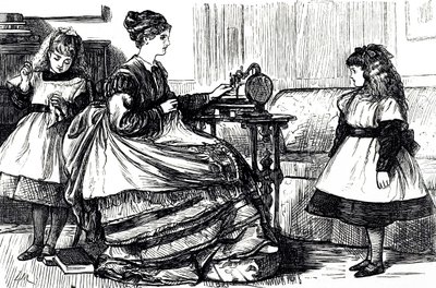 Um desenho animado retratando uma jovem mãe usando uma máquina de costura. Ilustrado por George du Maurier (1834-1896), cartoonista e autor franco-britânico de George du Maurier