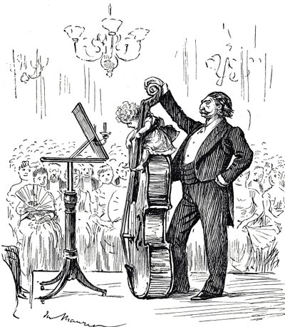 Comentário cartoon sobre prodigios musicais que pareciam estar cada vez mais jovens de George du Maurier