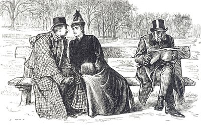 Desenho animado que retrata um casal trocando carícias no banco do parque, enquanto o homem ao seu lado olha com desaprovação de George du Maurier