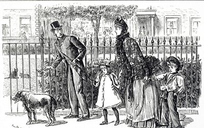 Desenho animado retratando uma família andando pelas ruas de Londres vitoriana de George du Maurier