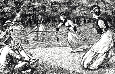 Desenho animado representando uma partida de tênis de gramado de George du Maurier