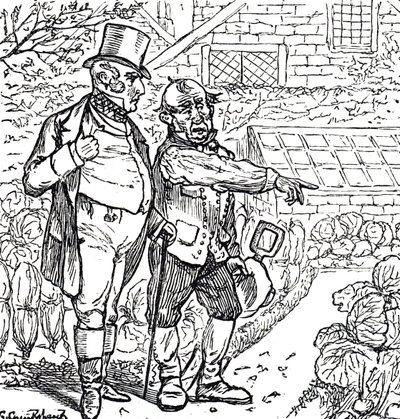 Desenho animado retratando um cavalheiro com o jardineiro na horta de George du Maurier