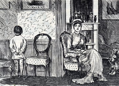 Desenho animado representando uma mãe a castigar o filho fazendo-o ficar de frente para a parede. de George du Maurier