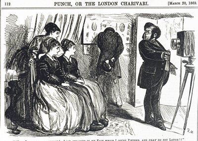 Desenho animado retratando um fotógrafo pomposo perguntando o impossível do assunto de George du Maurier