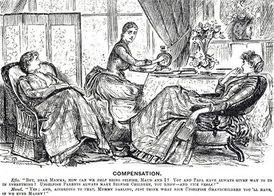Desenho animado representando uma mulher usando uma máquina de costura acionada por cabo de George du Maurier