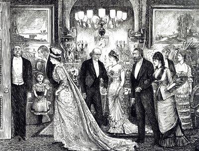 Desenho animado retratando uma soirée elegante em uma casa vitoriana de George du Maurier
