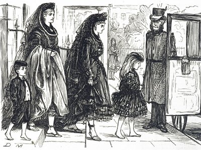 Desenho animado representando pessoas usando calçados naturais para evitar pés deformados de George du Maurier