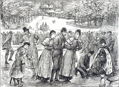 Desenho animado com patinadores a patinar num lago congelado de George du Maurier