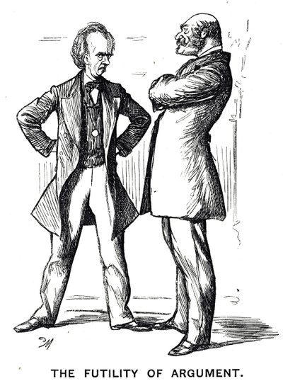 Desenho animado intitulado "O Argumento da Frenologia - Novamente" com a legenda "A Futilidade da Argumentação". de George du Maurier
