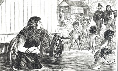 Desenho animado intitulado "modéstia e dever no conforto" que comenta os dois estilos diferentes de banhistas de George du Maurier