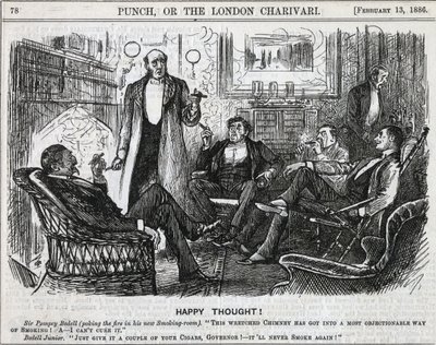 Cavalheiros reunidos na sala de fumo a fumar os seus charutos depois do jantar. George du Maurier de "Punch", Londres 1886. de George du Maurier