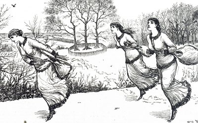 Ilustração que retrata as raparigas que estão a preparar o caminho para a lebre e os cães de caça de George du Maurier