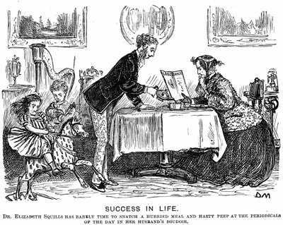 Sucesso na Vida: A inversão de papéis e a mulher profissional moderna. Desenho animado de George du Maurier para Punch Almanack para 1867. Em 1865 Elizabeth Garrett Anderson (1836-1917) foi licenciada para praticar pela Society of Apothecaries. de George du Maurier