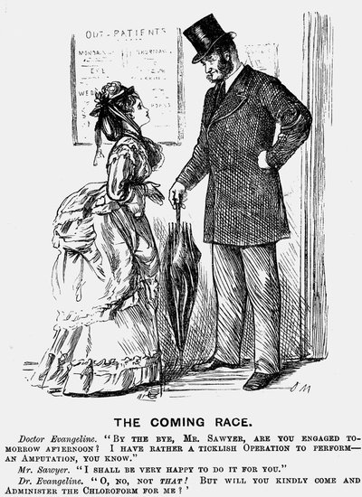 A Corrida da Vinda. O cirurgião do futuro. O desenho animado de George du Maurier de Punch London, 14 de Setembro de 1872, mostrando a atitude paternalista que as mulheres da profissão médica poderiam esperar dos colegas homens. Gravura. de George du Maurier