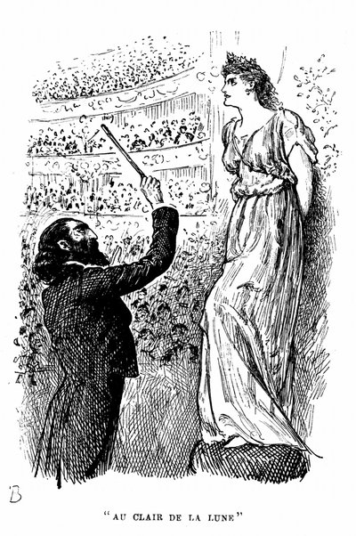 Trilby, o surdo de tom ? que não conseguia distinguir um C de um F dando um concerto sob a influência hipnótica de Svengali. Ilustração de George Du Maurier para o seu romance Trilby, Londres. de George du Maurier