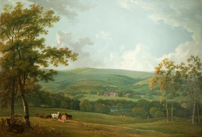Uma vista distante do Towneley Hall, c.1777 de George the Elder Barret