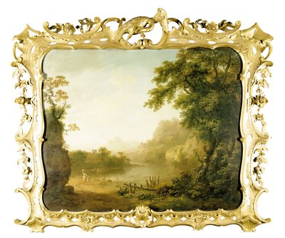 Uma paisagem de rio arborizado italianizado com figuras em primeiro plano e uma vila além, 1755 de George the Elder Barret