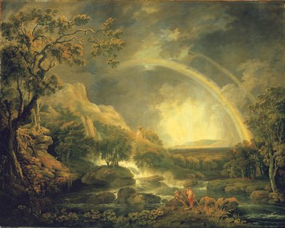 Paisagem extensa do rio arborizado, com pescadores ao lado de uma piscina abaixo de uma cachoeira e um arco-íris de George the Elder Barret