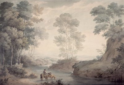 Paisagem com rio e rega de cavalos de George the Elder Barret