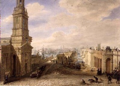 A velha ponte de Londres com a construção da nova ponte ao seu lado de George the Elder Scharf