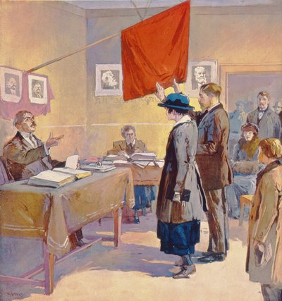 Um casamento civil na Rússia na altura da Revolução, c.1923 (litografia a cores) de Georges (after) Carrey