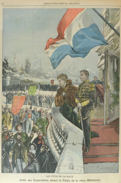 Procissão de corporações em Haia perante a Rainha Wilhelmina dos Países Baixos para celebrar o seu casamento com o Duque Henrique de Mecklenburg, fevereiro de 1901 (litografia a cores) de Georges (after) Carrey