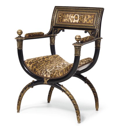 Uma poltrona Directory curule, c.1795 (madeira ebonizada e dourada com estofamento com estampa de leopardo) de Georges (attr. to) Jacob