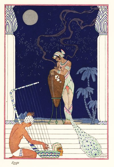 Uma rainha está a cheirar a fragrância queimada, antigo Egipto1928 (estampado) de Georges Barbier