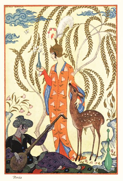 Uma mulher segura um frasco de perfume, antiga Pérsia de Georges Barbier