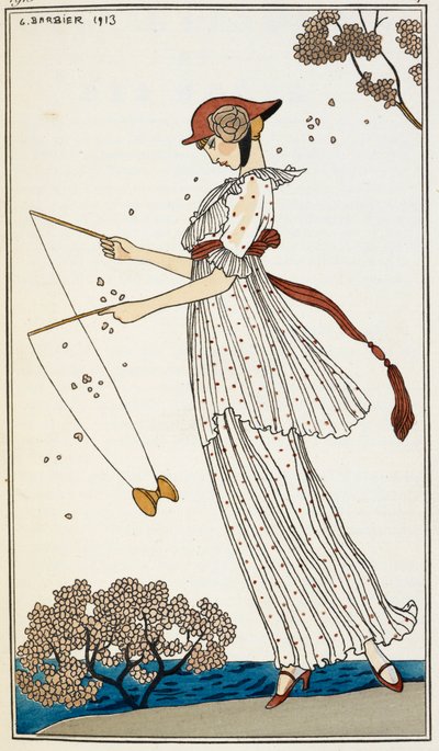 Uma mulher com um vestido de linho branco estampado, brincando com um brinquedo de Georges Barbier