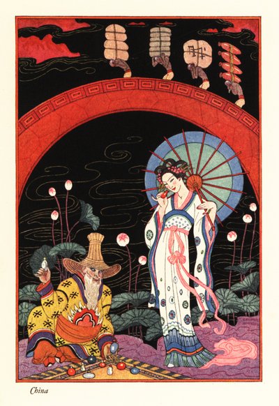 Uma jovem com guarda-sol de laca cheirando um frasco de perfume de Georges Barbier