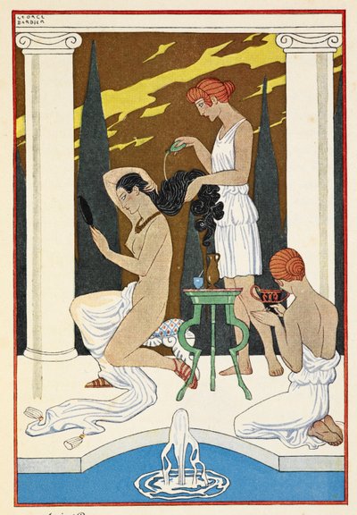 Roma Antiga. Uma personagem tendo o seu cabelo lavado por criados. de Georges Barbier