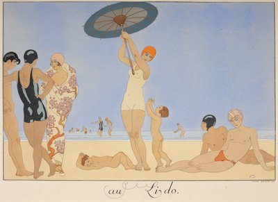 Au lido. Pessoas em uma praia. de Georges Barbier