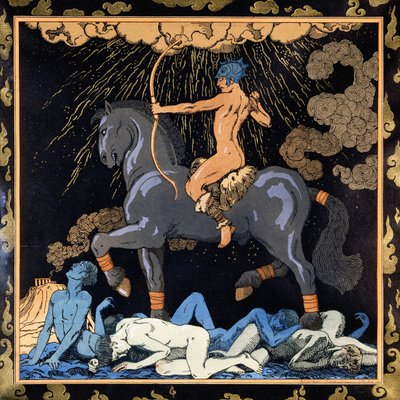 Aquele que monta o cavalo preto, c.1917-1920 (estêncil) de Georges Barbier