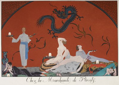 Chez la Marchande de Pasots. Pessoas, algumas nuas, deitadas em um quarto. decoração chinesa. de Georges Barbier