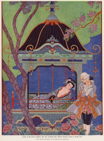 Princesa chinesa reclinada em um pavilhão (lito colorido) de Georges Barbier