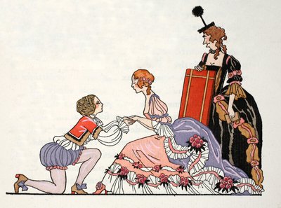 Cinderela com o Príncipe Encantado, sua madrasta aparece (impressão pochoir) de Georges Barbier