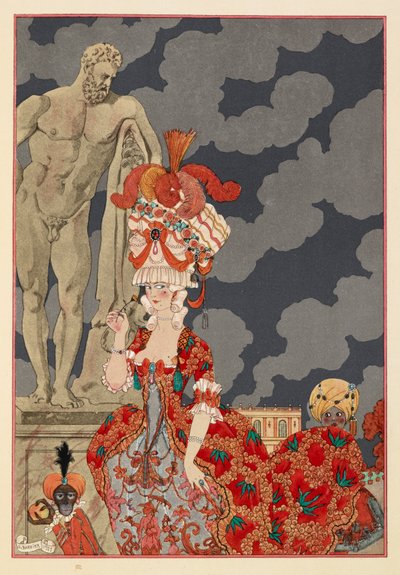 Cortejo. Uma mulher atraente vestindo um vestido vermelho e elaborar o que. Um pequeno macaco e menino. de Georges Barbier