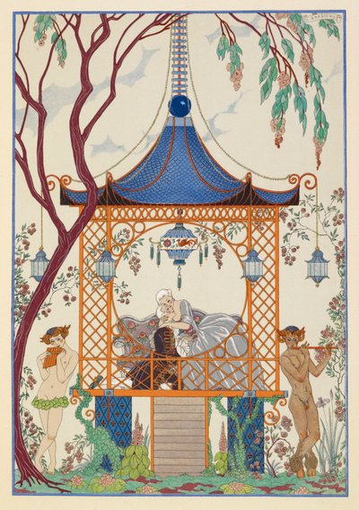 Cythère. Um homem e uma mulher em um pavilhão, abraçados. Criaturas míticas lá fora, tocando flauta. de Georges Barbier