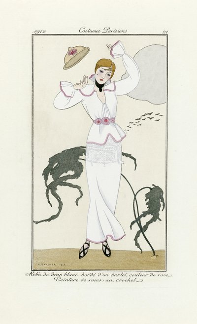 Desenho para Vestido Branco com Guarnição Rosa e Cinto de Croché, de Costumes Parisien, pub.1912 (pochoir print) de Georges Barbier