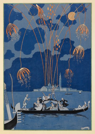 Em bateau. Fogos de artifício em Veneza. Pessoas em uma gôndola. de Georges Barbier