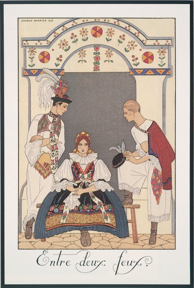 Falbalas et Fanfreluches, Almanac para 1923, Entre deux feux, de George Barbier, impressão de Georges Barbier